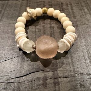New Shell and Sea Glass Cream and Pink Beaded Bracelet